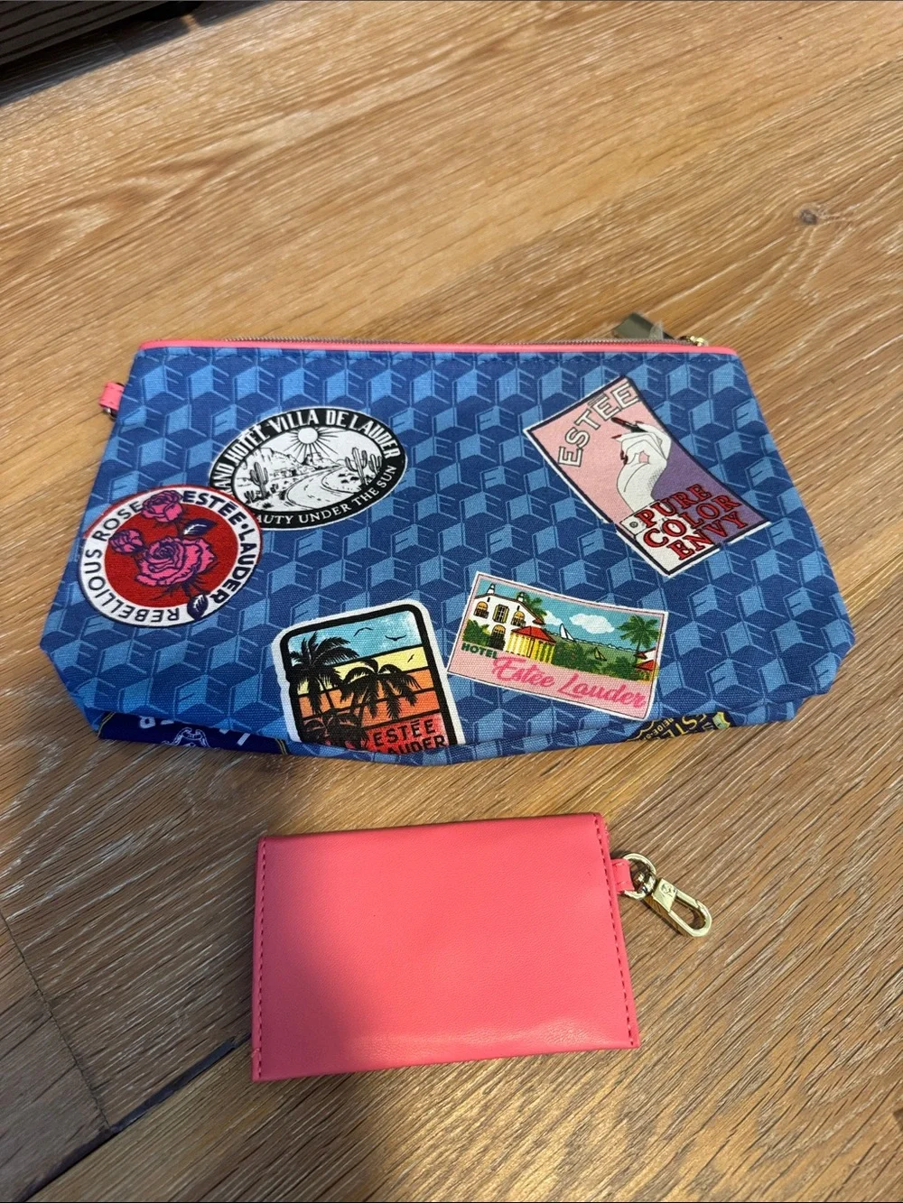 Estee Lauder Blue Logo Patch Cosmetic Pouch with Pink Card Wallet